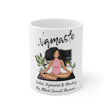 Load image into Gallery viewer, Namaste Minding My Business Mug| Black Girl Magic | Yoga Mug | Black Girl Yogi | Melanin Mug |Natural Hair Gift| Crown | Black Girl |
